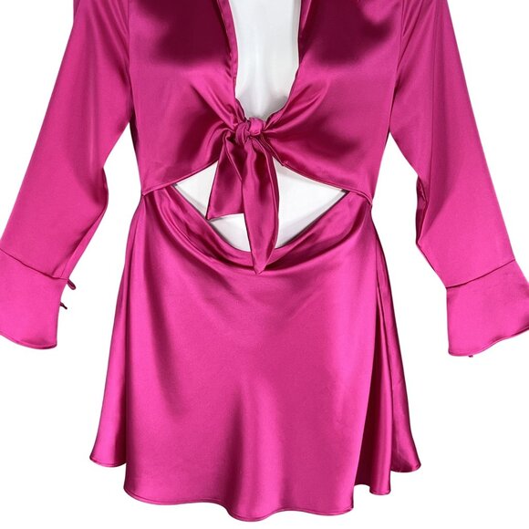 Zara XL NWT Blogger Favorite Pink Satin Cut Out Mini Dress Bell Sleeves Coquette - Picture 7 of 16